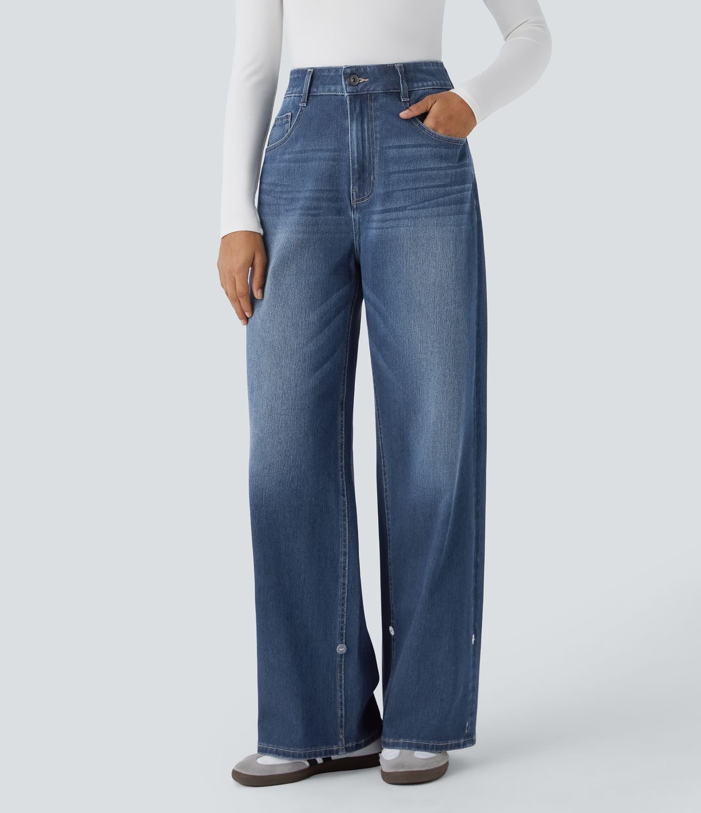 Jean décontracté Halara Flex™ taille haute jambes larges avec poches multiples et ourlet ajustable, en maille extensible effet délavé