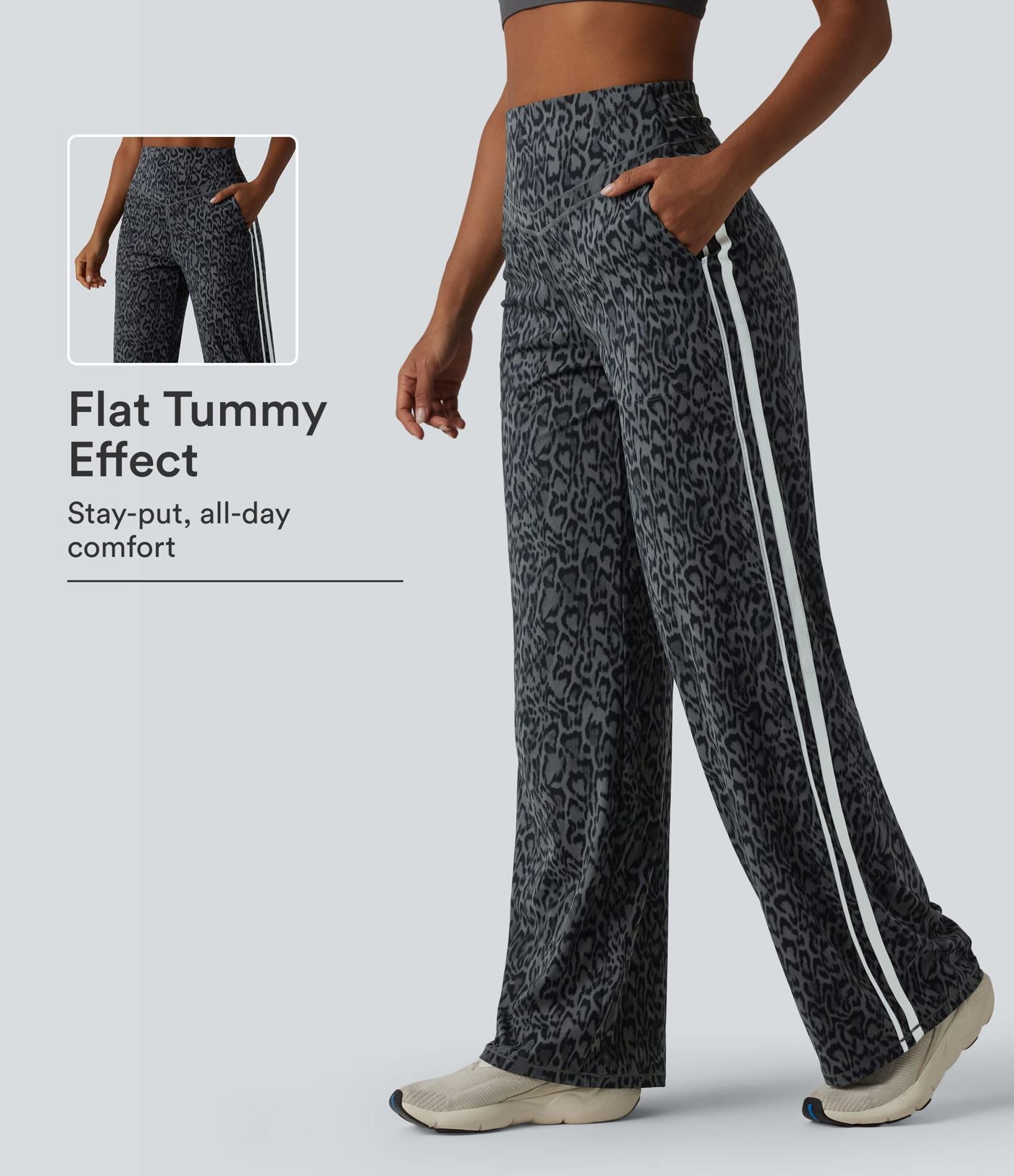 Halara UltraSculpt™ Pantalon de yoga droit taille haute imprimé léopard ventre plat avec bandes latérales et poches