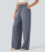 Pantalon large décontracté taille haute avec cordon de serrage et poches latérales