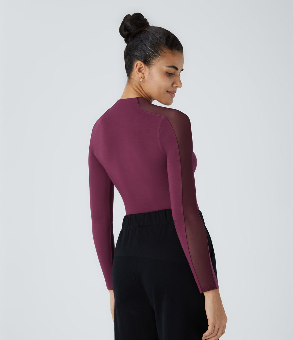 Top de Travail Skinny à Col Montant Manches Raglan Longues Mesh Contrastés