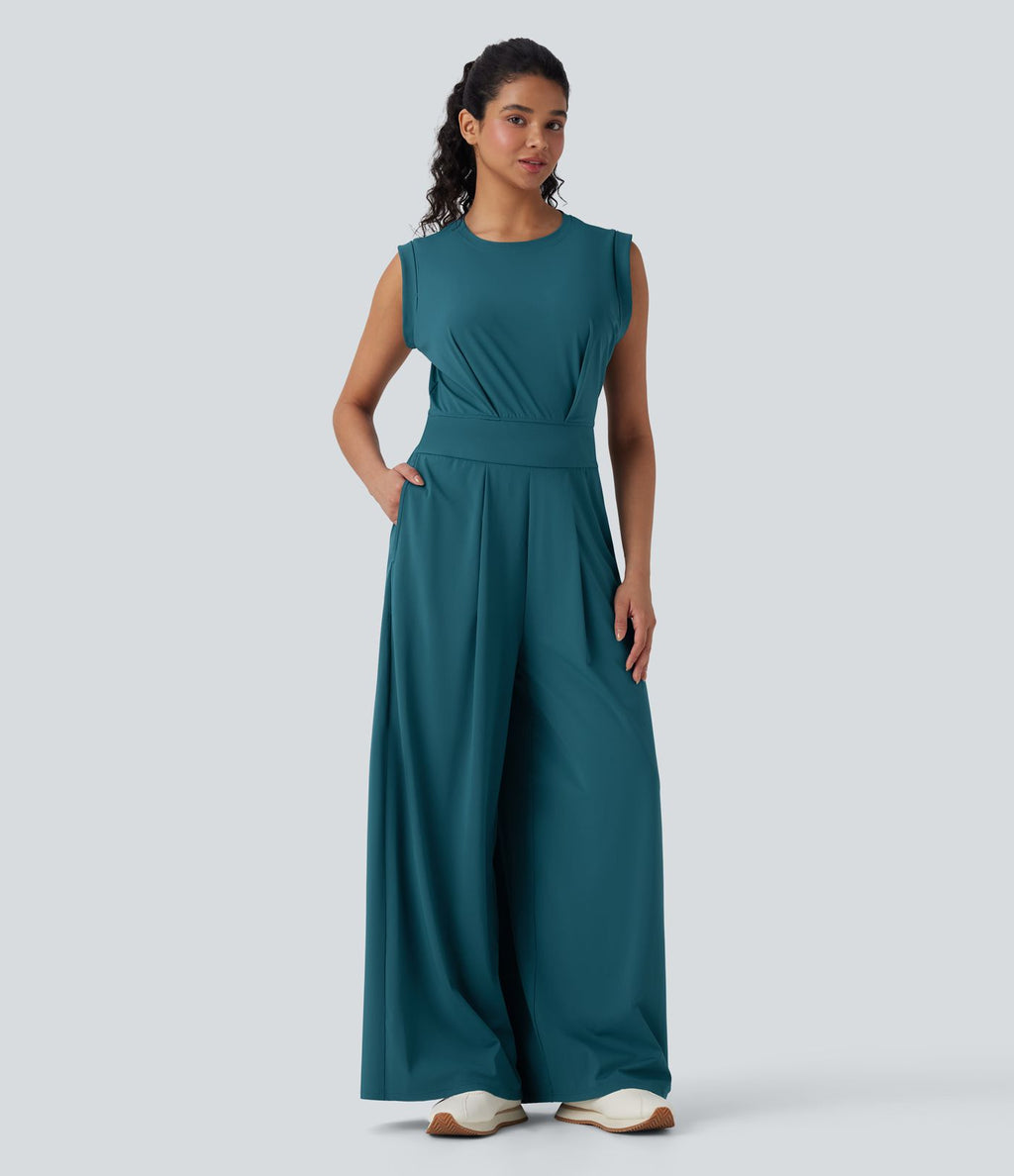 Softlyzero™ Quickdry col rond sans manches dos ajouré avec poche latérale combinaison de yoga - Édition Easy Peasy