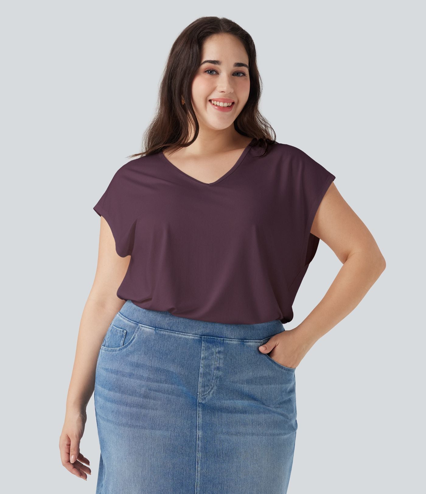 T-shirt décontracté grande taille col V manches courtes