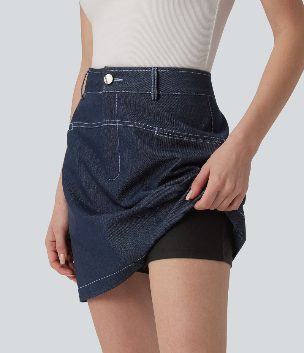 Jupe mini évasée casual 2-en-1 aspect denim taille haute avec poches