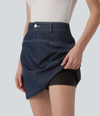 Jupe mini évasée casual 2-en-1 aspect denim taille haute avec poches