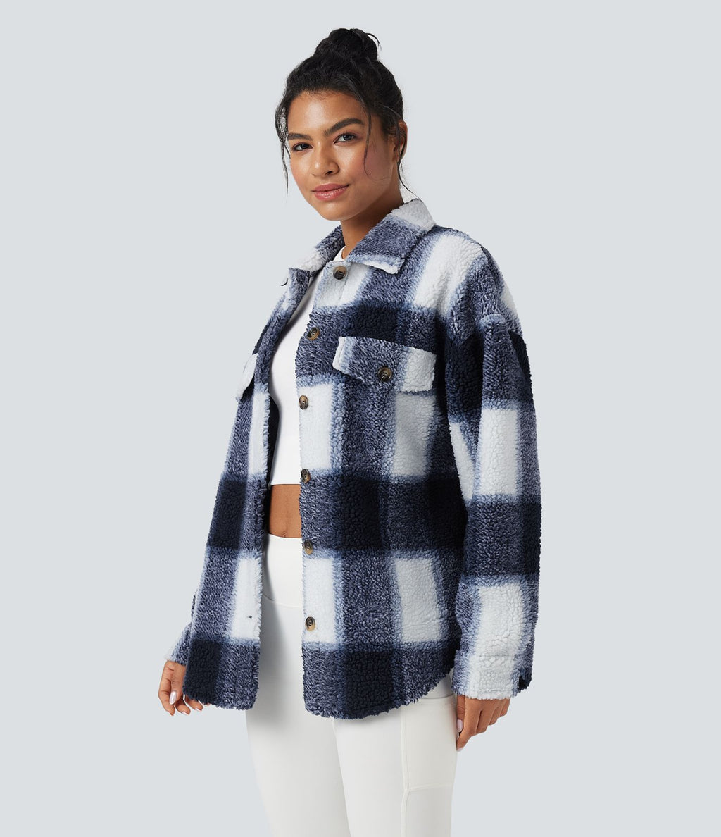 Veste-chemise sherpa col ourlet arrondi manches longues avec poches