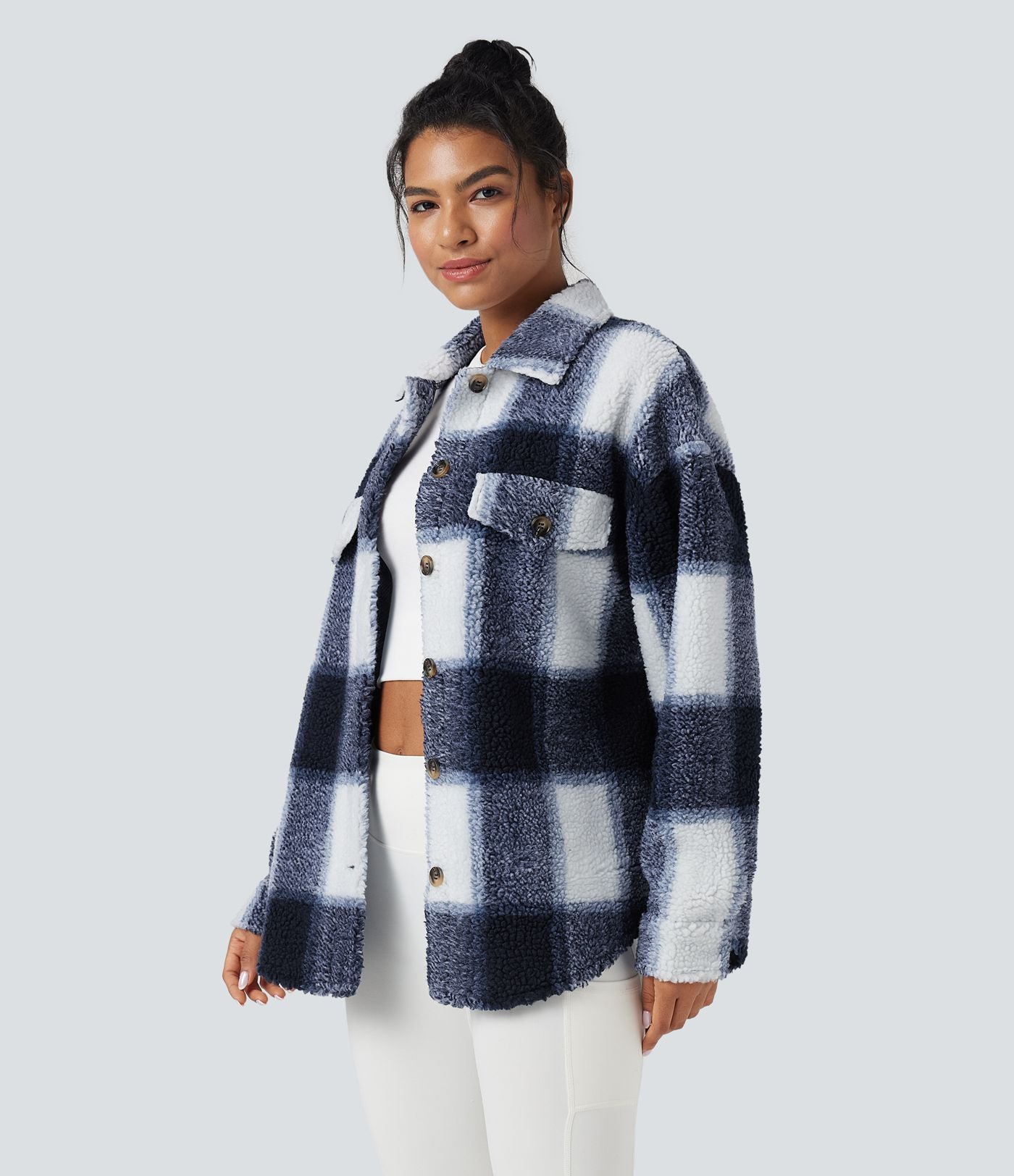 Veste-chemise sherpa col ourlet arrondi manches longues avec poches