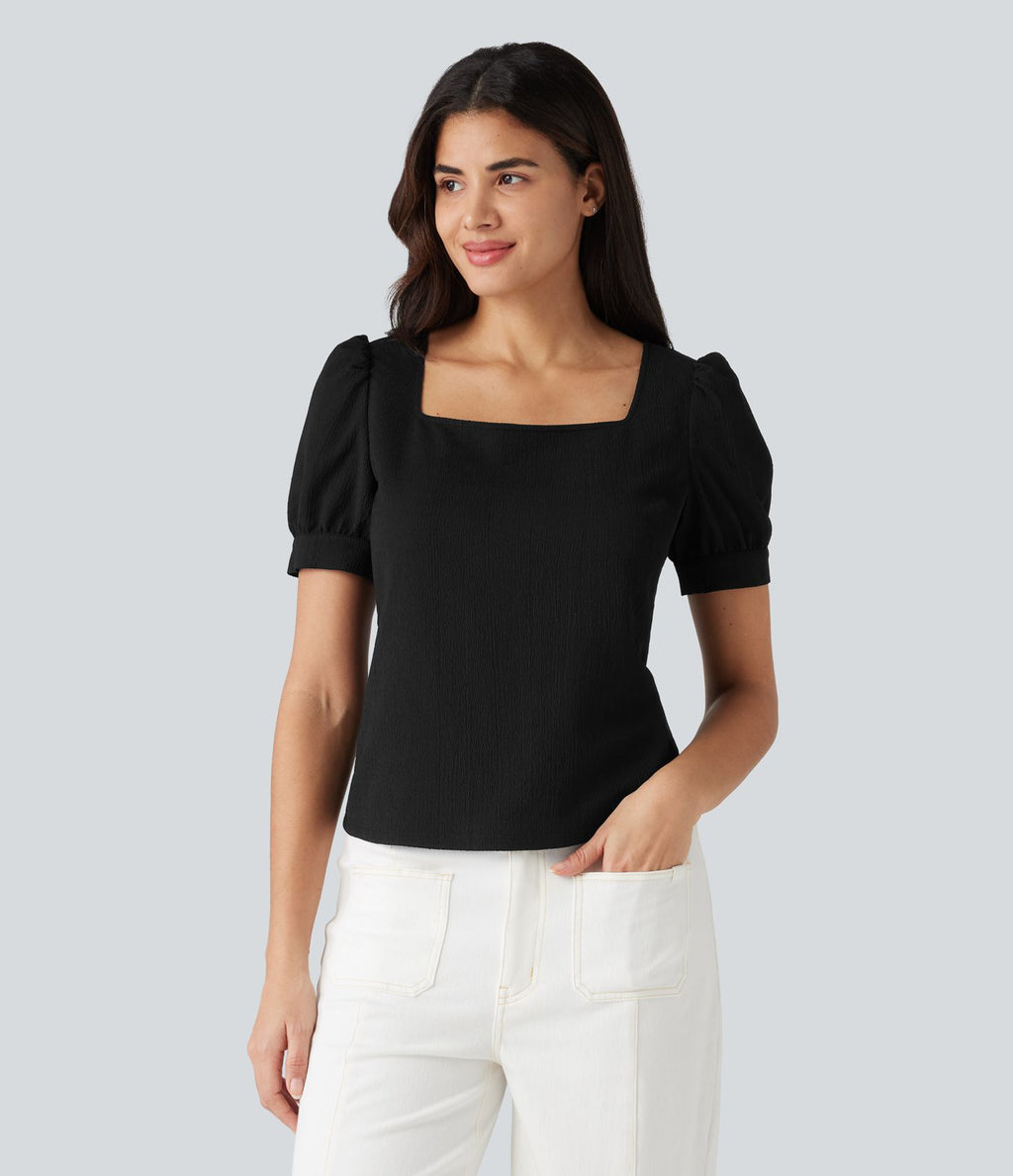 Blouse habillée col carré à manches bouffantes et tissu texturé