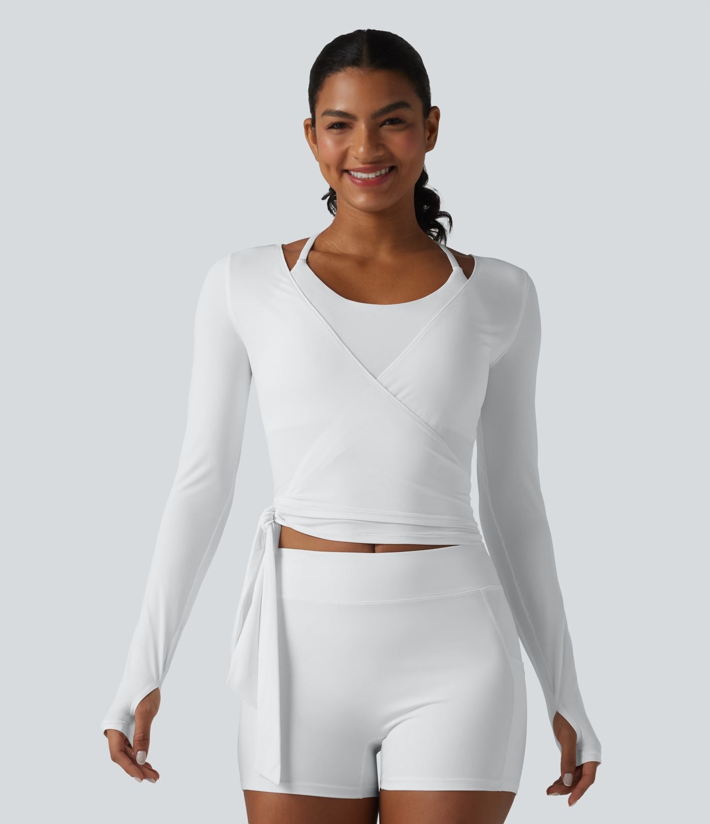 Haut de yoga à manches longues et bretelles croisées, toucher doux, protection solaire UPF50+