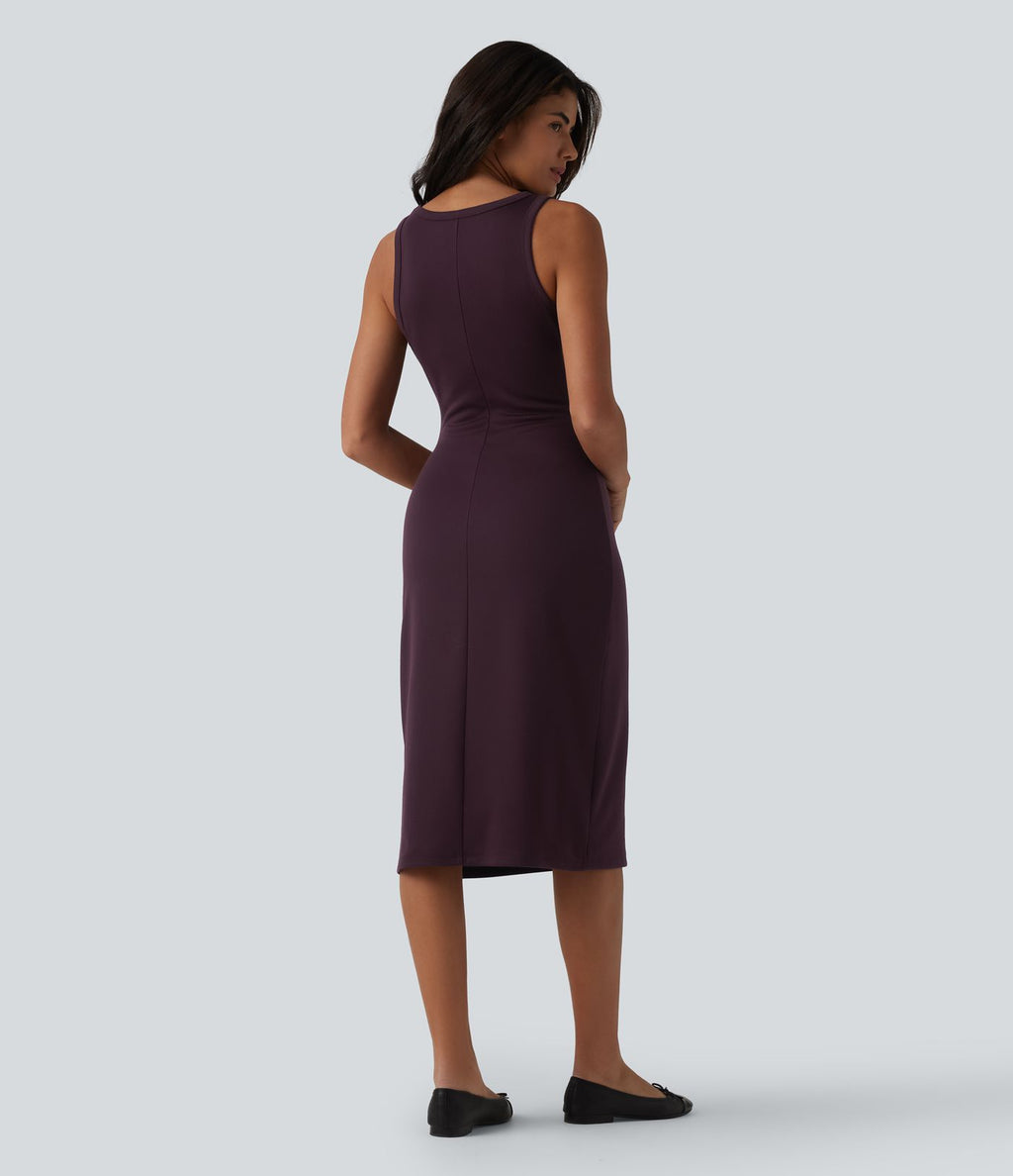Robe casual mi-longue bodycon froncée col rond sans manches