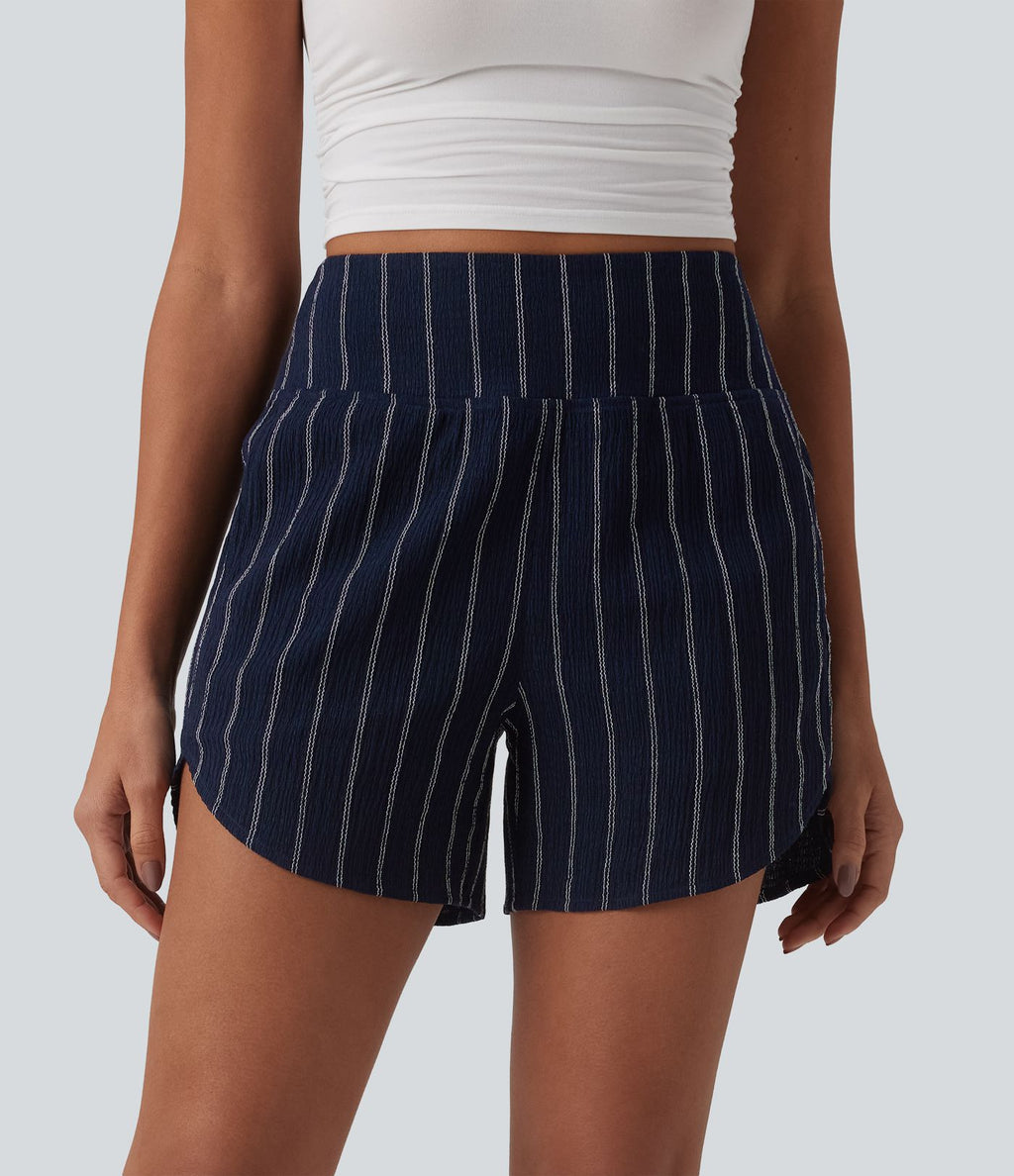 Short casual taille haute ourlet arrondi rayures avec poches