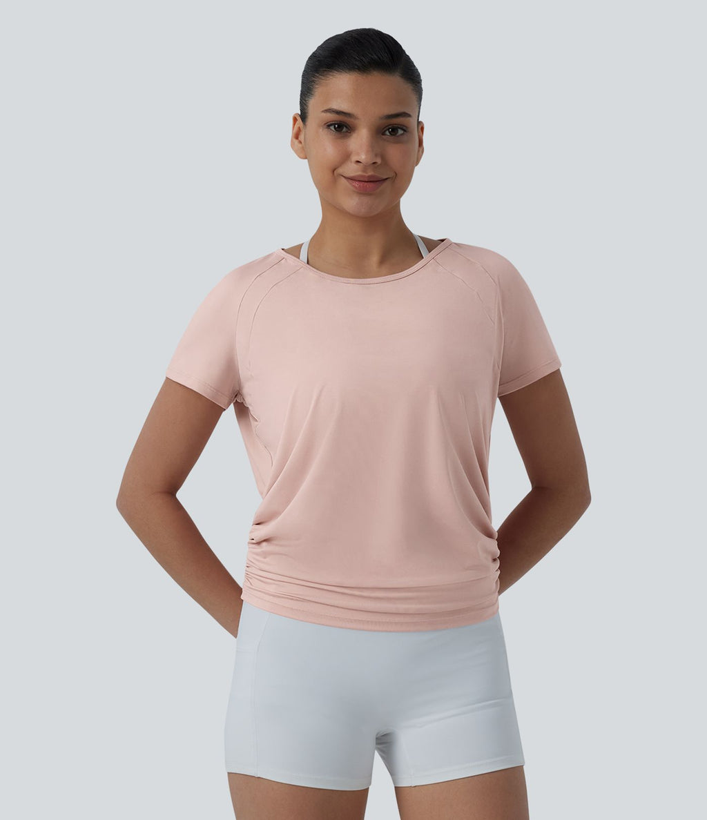 Haut sport yoga col rond manches raglan courtes dos découpé froncé