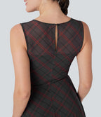 Robe mini décontractée 2-en-1 sans manches à carreaux avec empiècements mesh contrastés et poche latérale