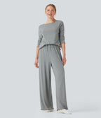 Pantalon détente taille haute coupe droite finitions plissées pointelle avec cordon de serrage