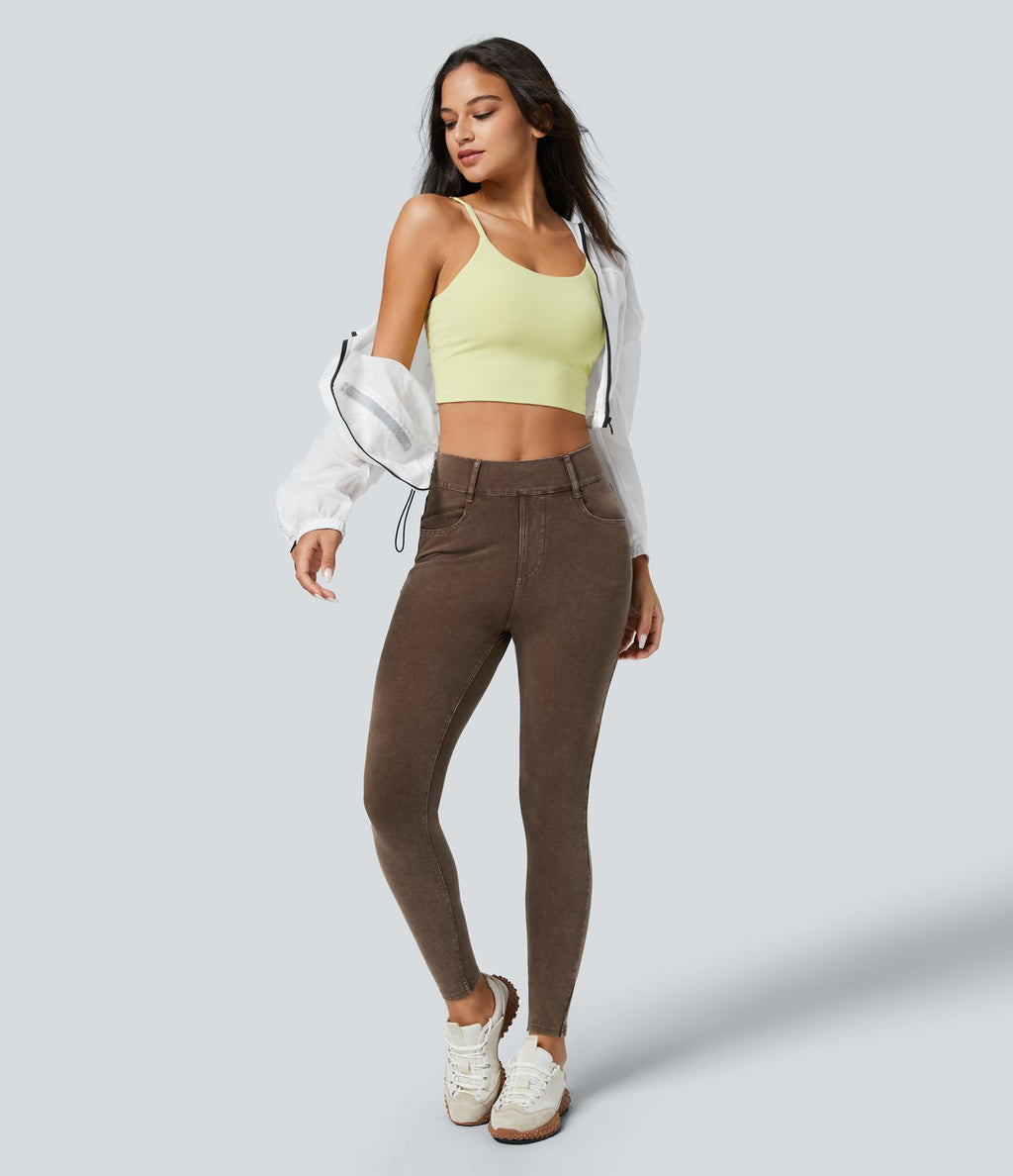 Halara Flex™ Jean Casual Skinny en Tricot Extensible Coloré Lavé à Taille Haute avec Plusieurs Poches