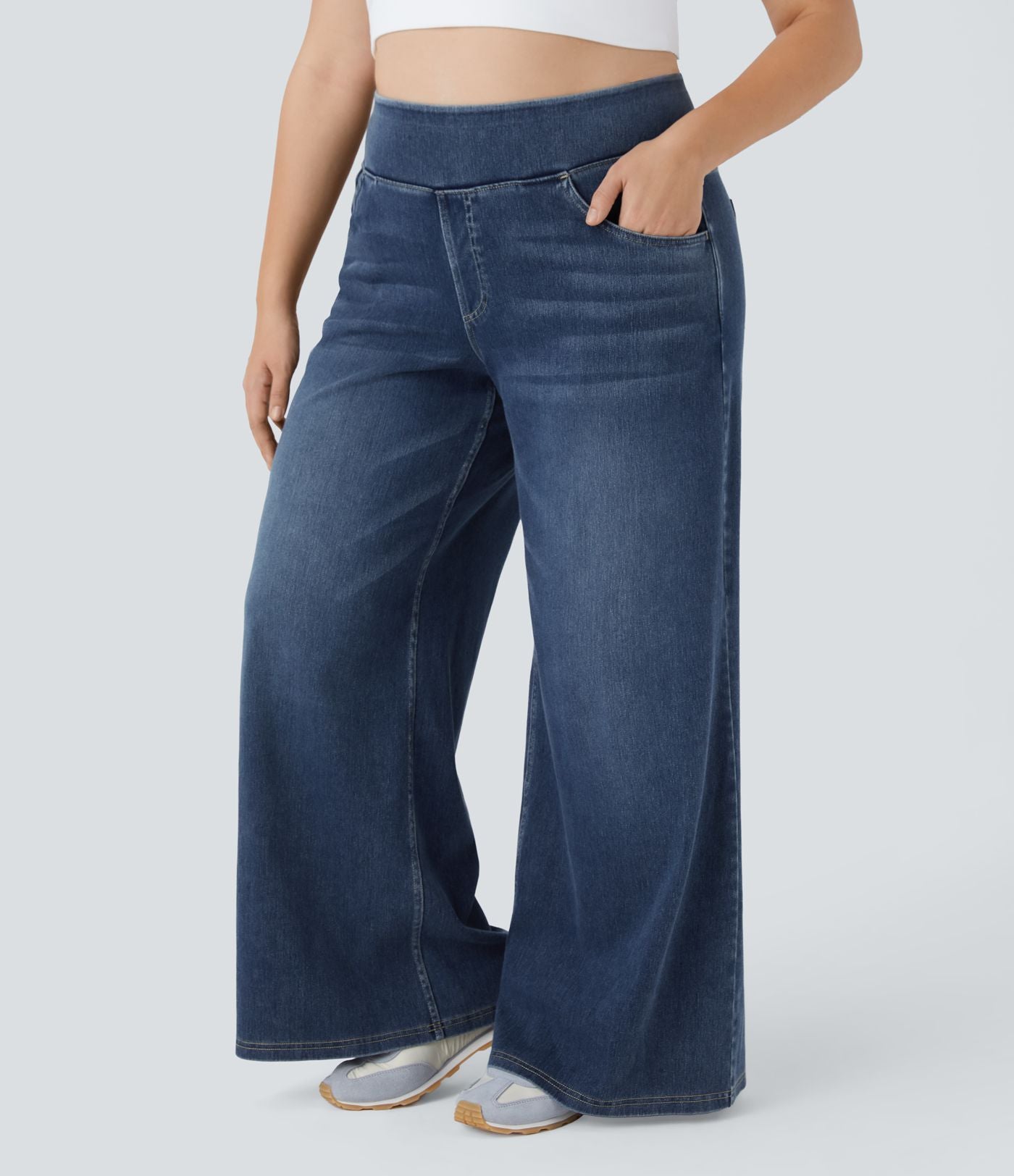 Halara Flex™ Jeans Larges Casual Taille Haute Multiples Poches Lavés Élastiques et Tricotés Grande Taille