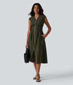 Robe tailleur midi col V sans manches fermeture éclair bidirectionnelle avec poches