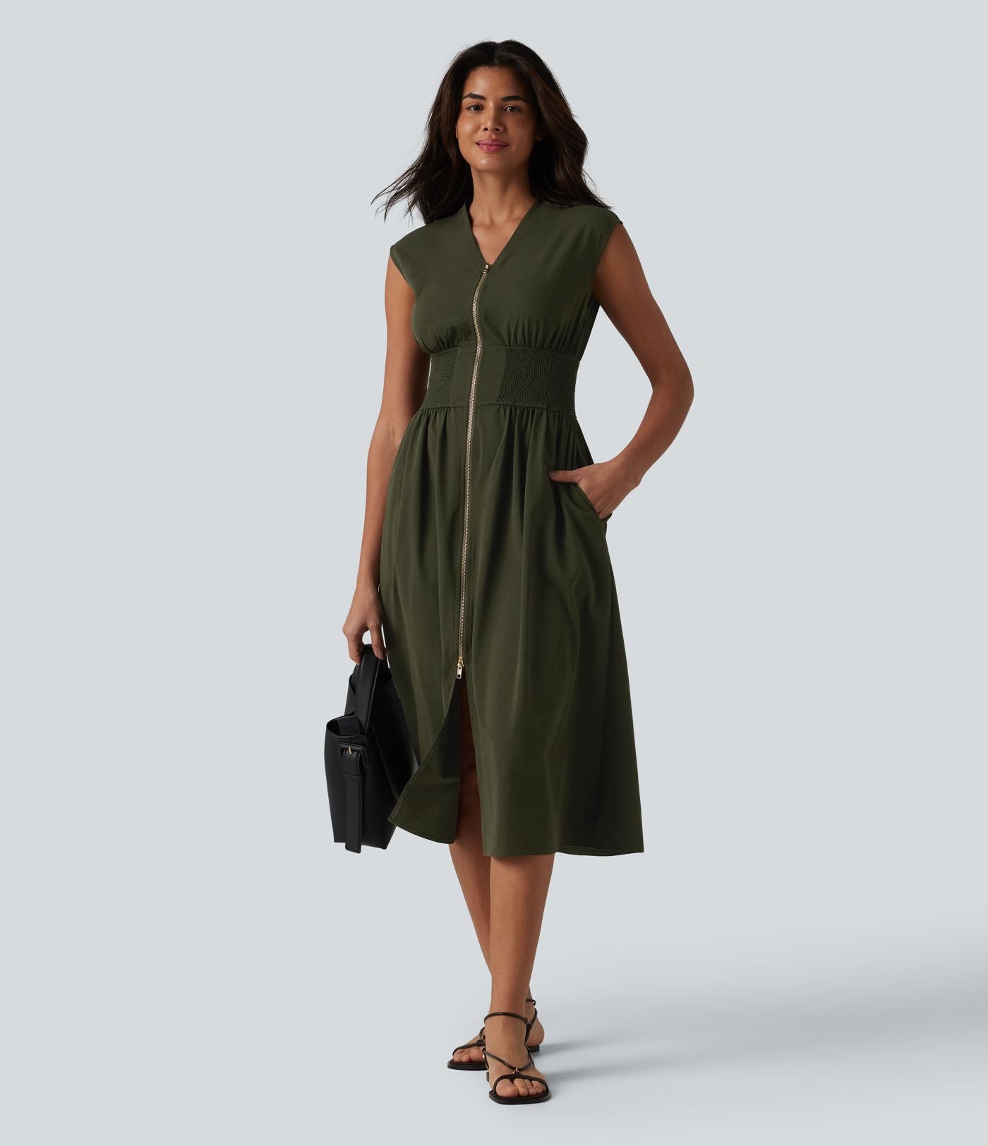Robe tailleur midi col V sans manches fermeture éclair bidirectionnelle avec poches