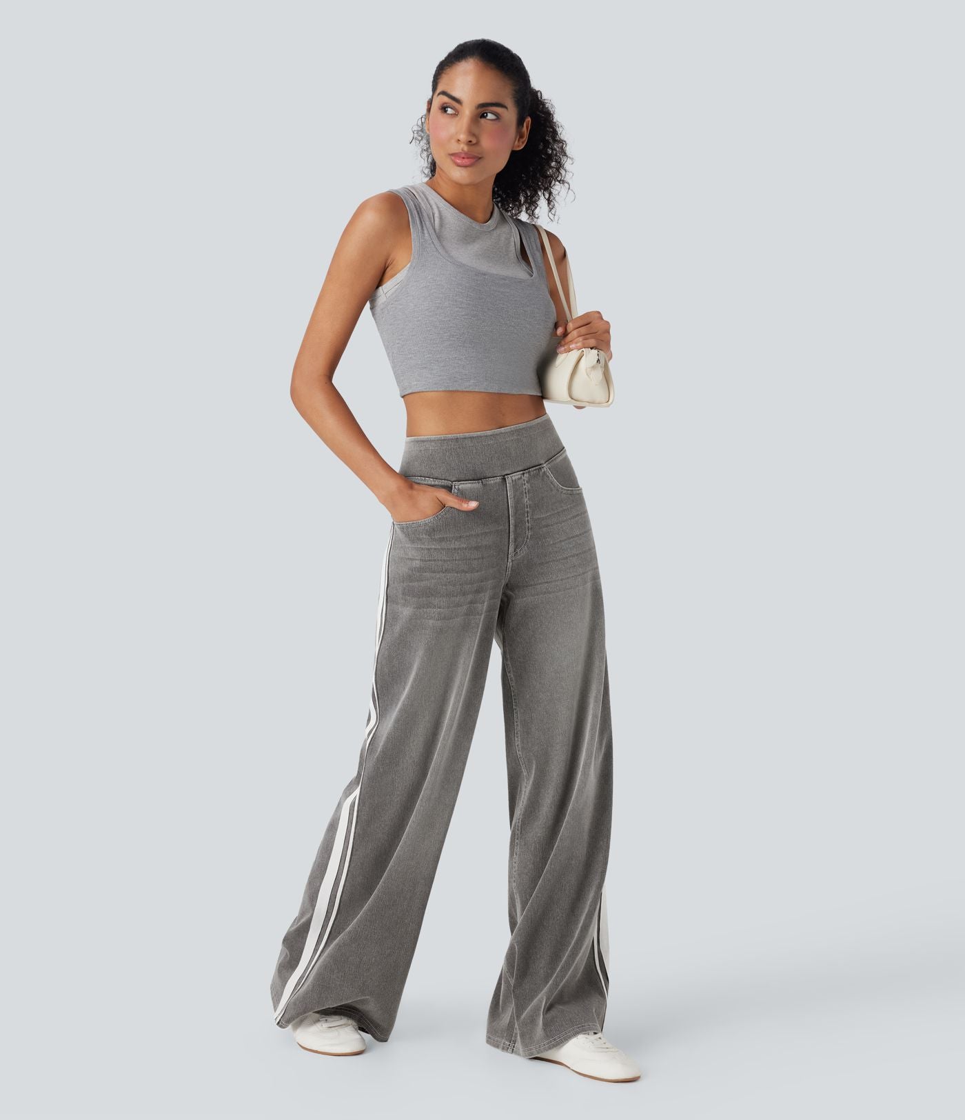 Halara Flex™ Jean large fluide délavé taille haute à rayures avec poches