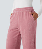 Pantalon chenille gaufré coupe droite taille mi-haute avec poches