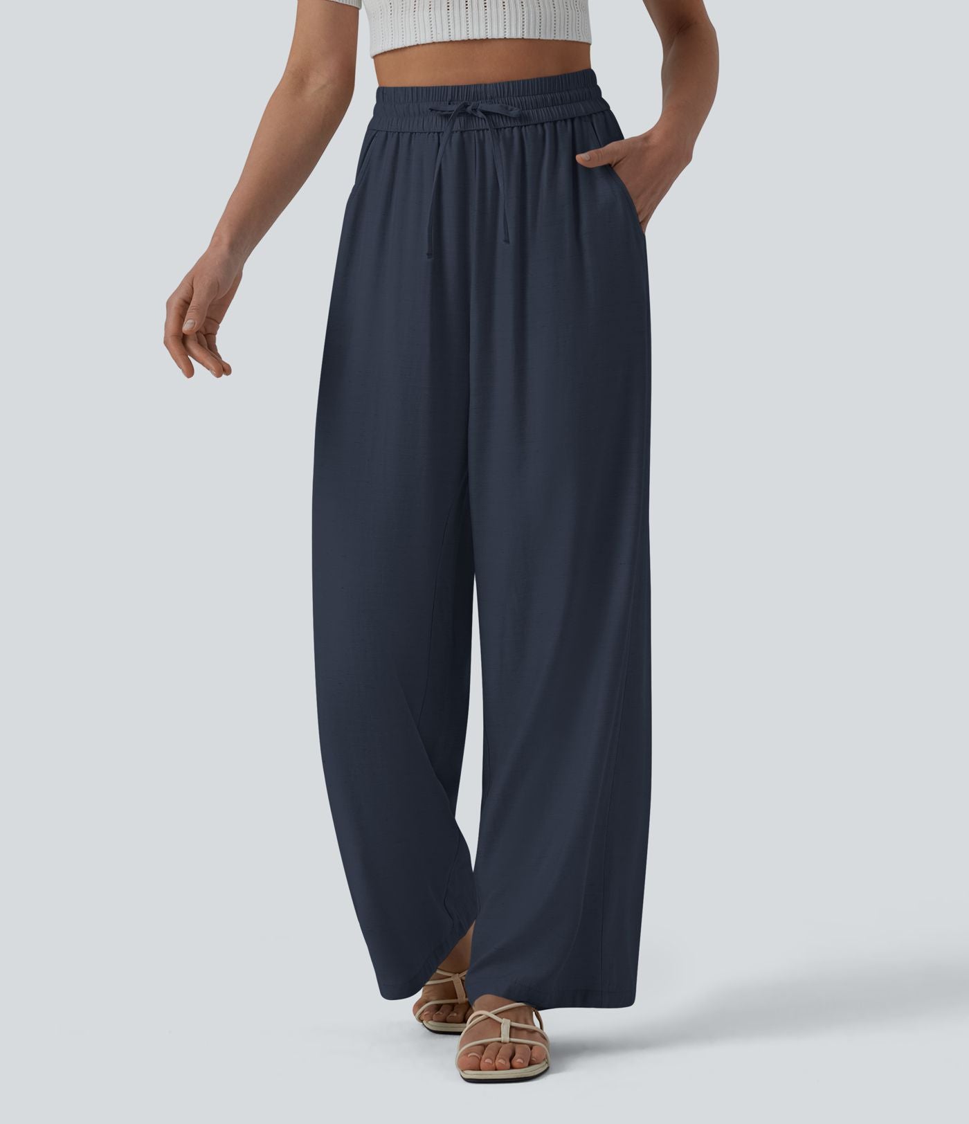 Pantalon casual large fluide mélange lin taille haute avec cordon de serrage et poches