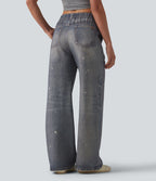 Jogging jean décontracté en molleton French Terry imprimé denim taille mi-haute avec poches