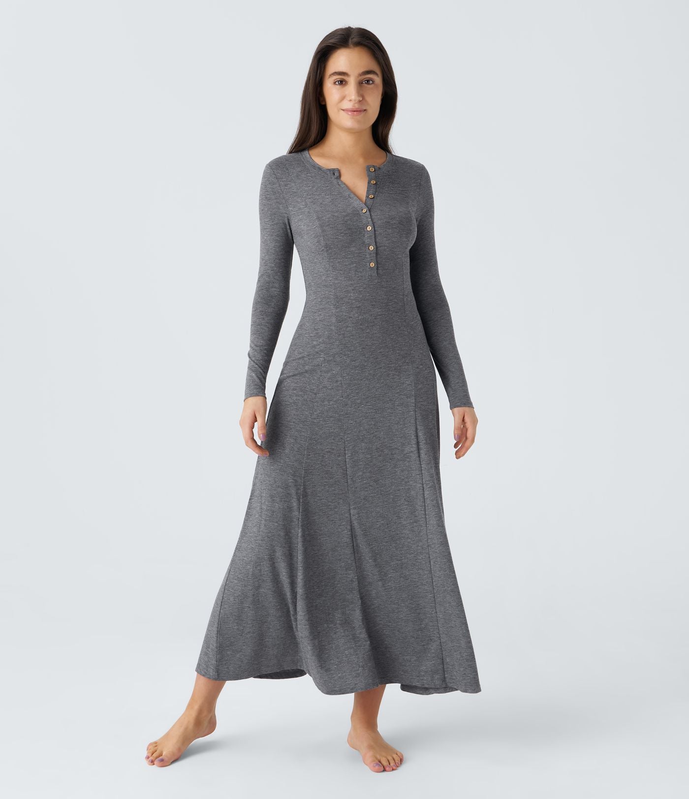 Robe de Casual Maxi Manches Longues Évasées et Boutons au Col Rond