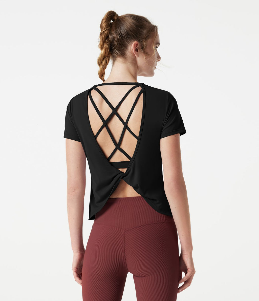Haut de yoga col rond manches courtes avec brassière intégrée effet frais InstantCool séchage rapide, protection solaire UPF50+