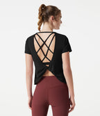 Haut de yoga col rond manches courtes avec brassière intégrée effet frais InstantCool séchage rapide, protection solaire UPF50+