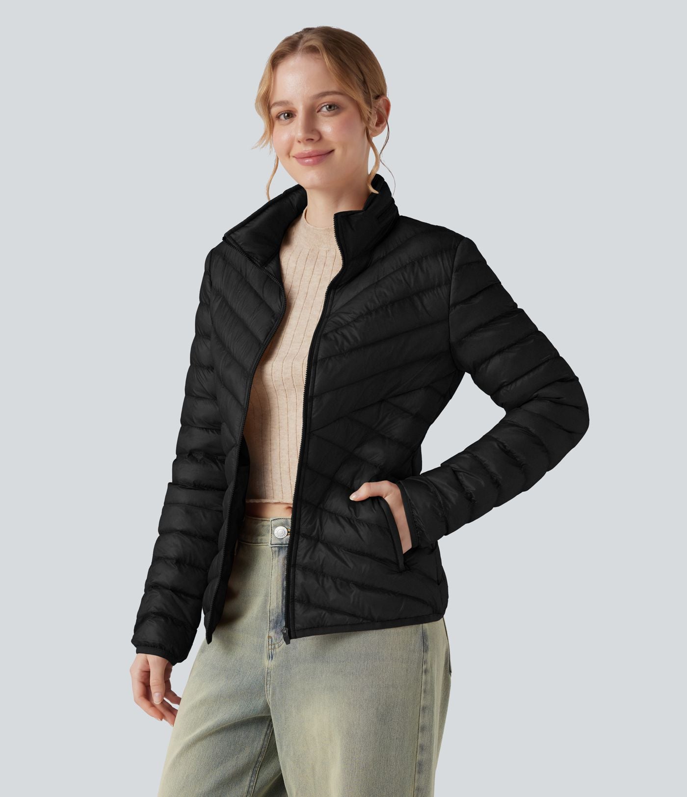 Veste casual compactable en duvet synthétique zippée à col montant et manches longues avec poches