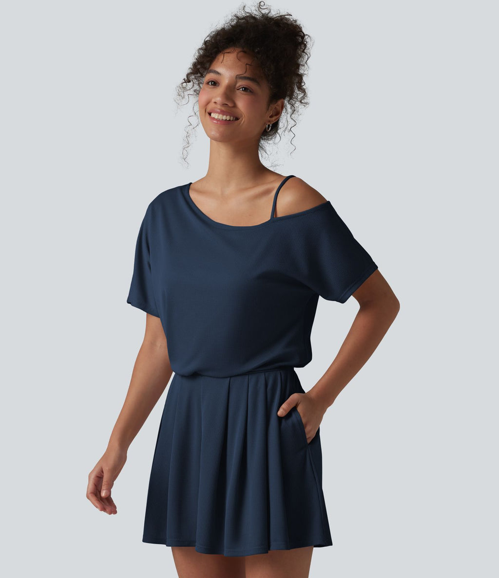 Combishort casual asymétrique manches courtes plissé en nid d'abeille avec poches - Édition Easy Peasy