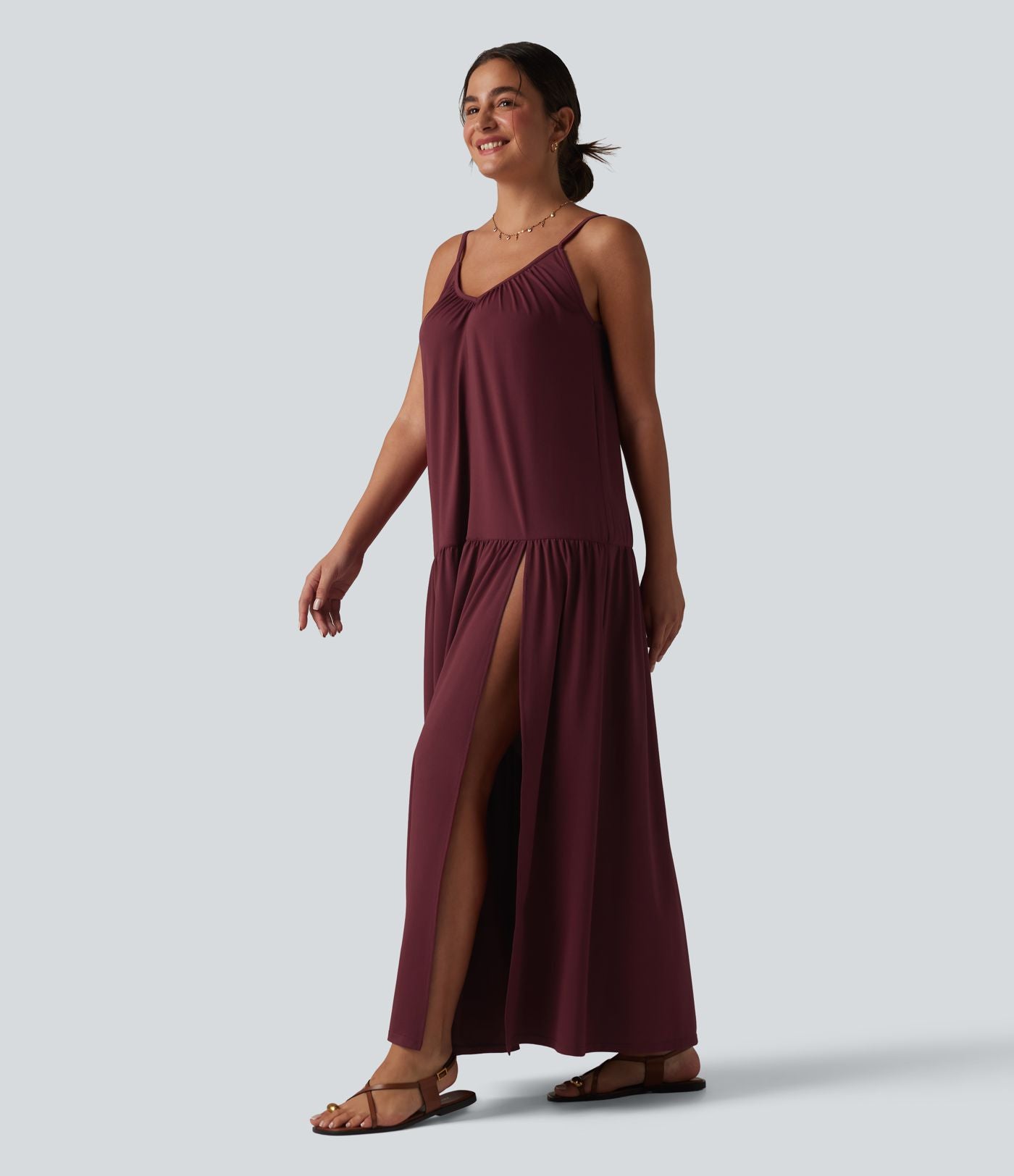 Robe nuisette maxi fluide col V ourlet fendu style vacances