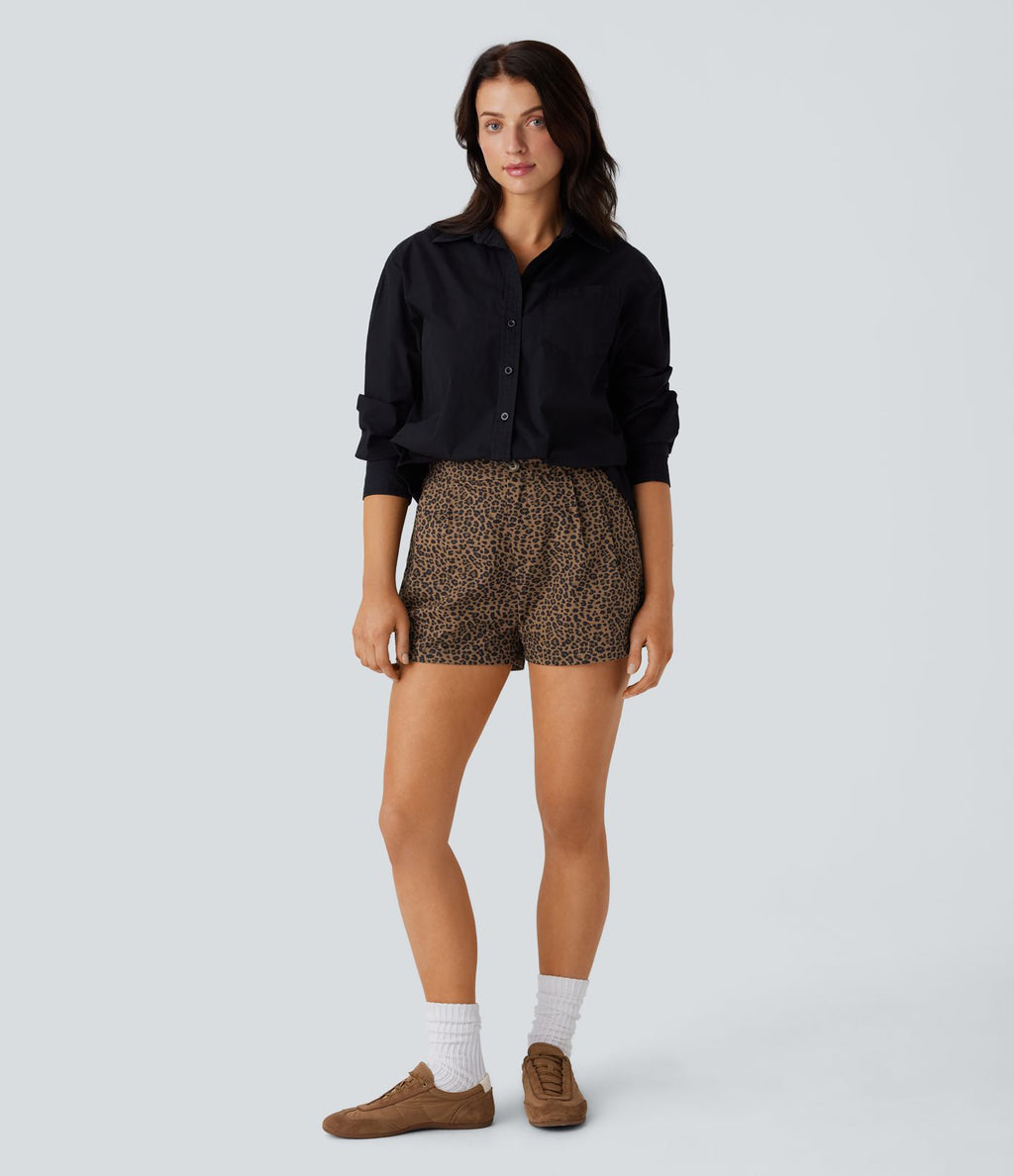Short en coton décontracté taille haute, poches latérales et imprimé léopard