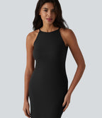 Robe midi à bretelles col rond en maille côtelée