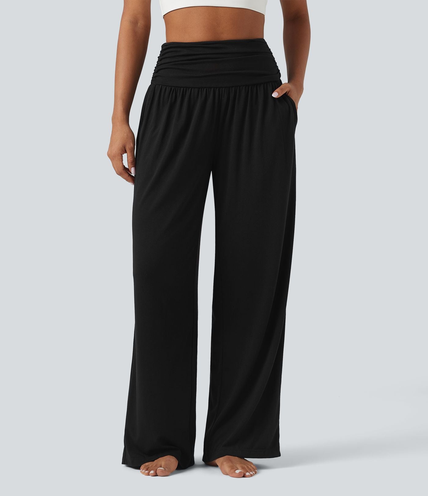 Pantalon de yoga large froncé chiné taille haute avec poches