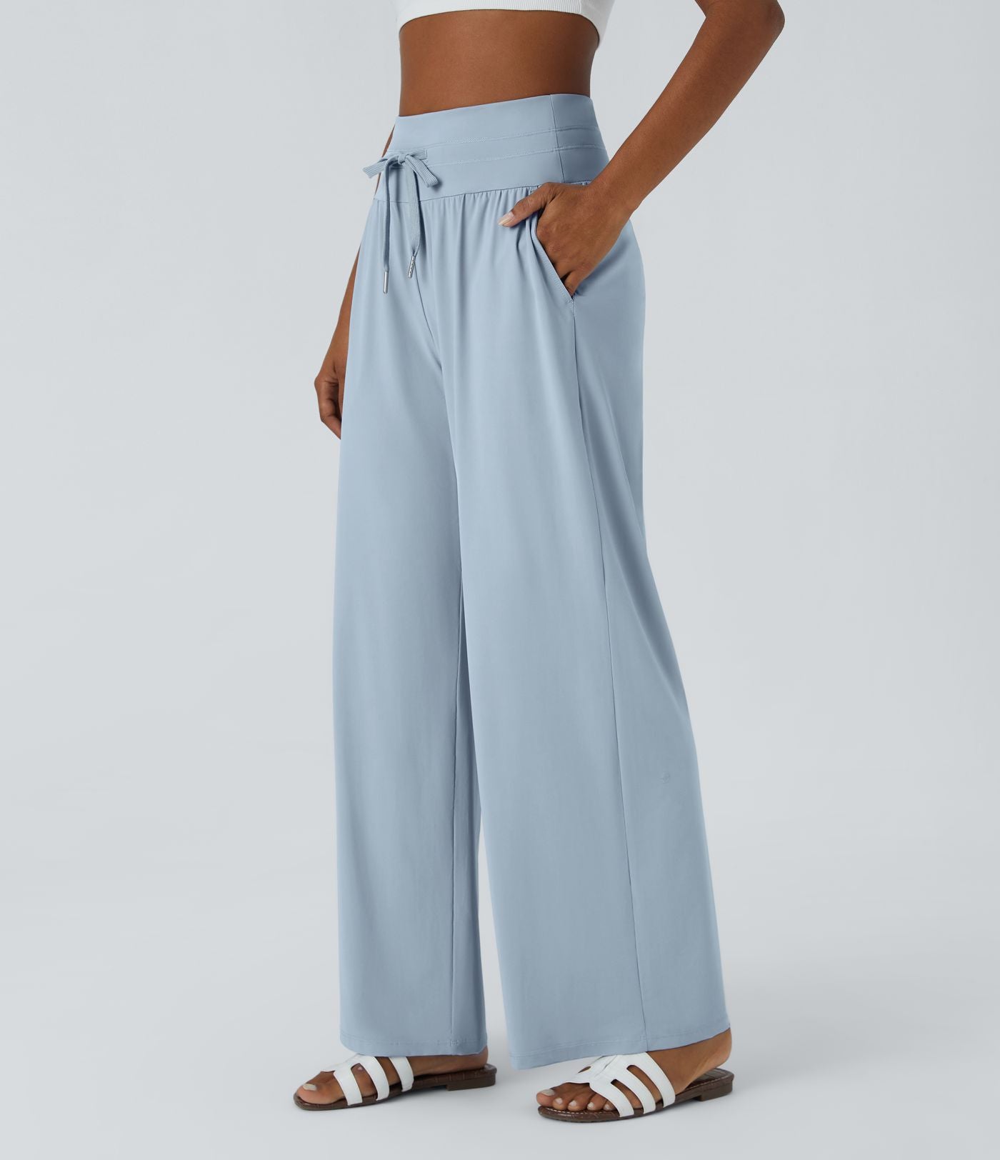 Pantalon large décontracté taille haute cordon de serrage poches latérales effet frais InstantCool