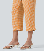 Pantalon 7/8 décontracté aspect lin à carreaux taille haute avec poches