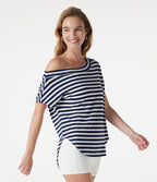 Top casual asymétrique épaule dénudée à rayures, manches courtes, ourlet incurvé et brassière intégrée