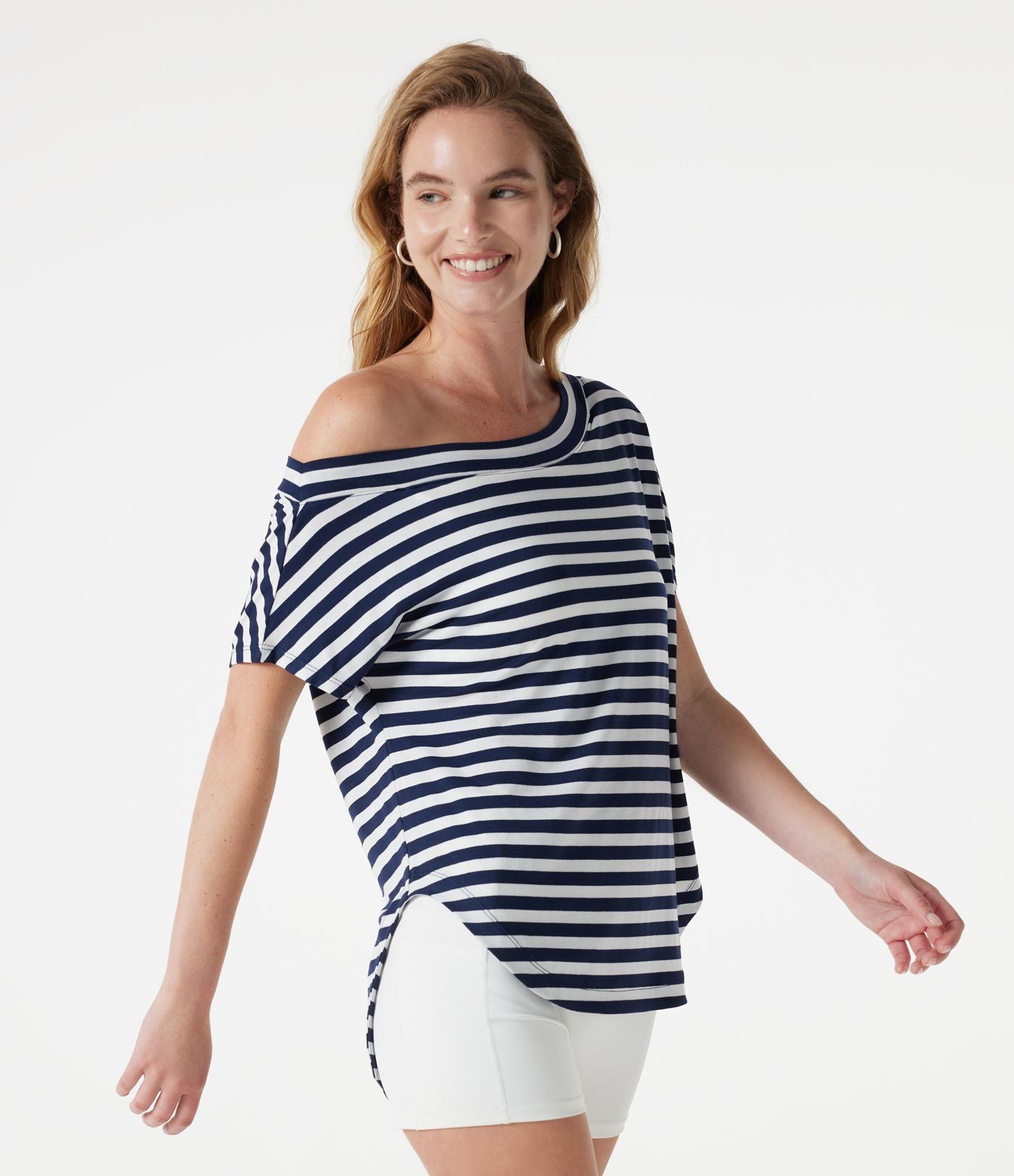 Top casual asymétrique épaule dénudée à rayures, manches courtes, ourlet incurvé et brassière intégrée