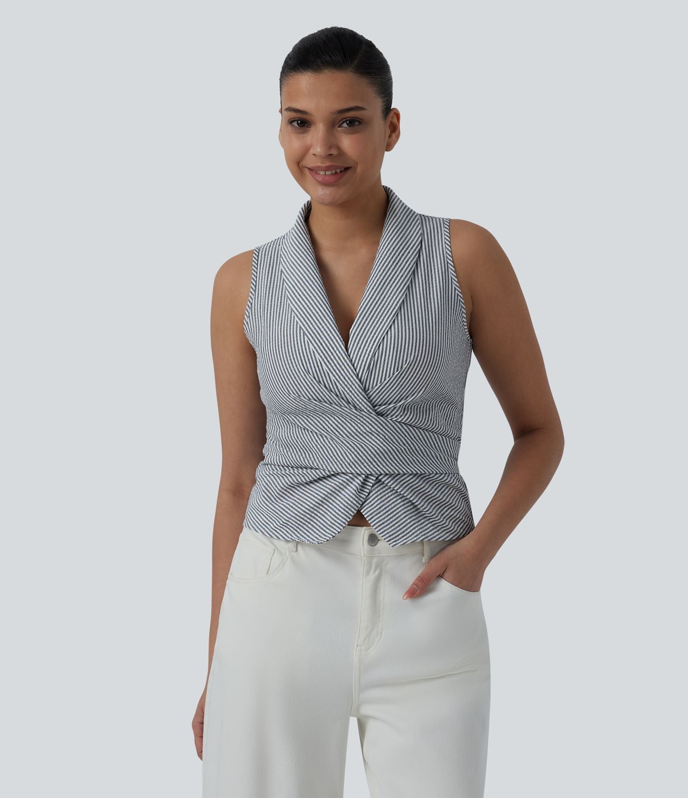 Chemise décontractée à rayures, col V, sans manches, dos noué