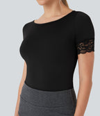 Body tailleur col bateau manches courtes dentelle contrastante