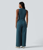 Combinaison tailleur sans manches à col V, ceinturée, avec zip invisible, rayures et effet frais avec poches, accès facile Easy Peasy
