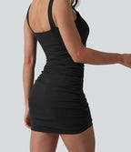 Robe courte moulante encolure carrée ventre plat avec effet gainant intégré et fronces