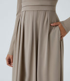Robe longue décontractée à col montant, manches longues, plissée, avec poches latérales et coupe évasée