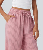 Pantalon large fluide taille haute avec cordon de serrage, rayures, aspect lin et poches latérales
