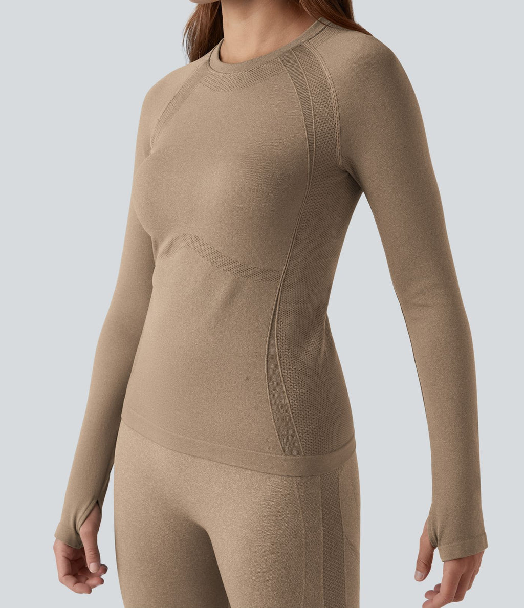 OneForm Seamless Flow Top de sport yoga à col rond, manches longues raglan avec passants pouces