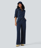 Combinaison denim délavé Halara Flex™ jambes larges manches longues avec cordon de serrage et poches - Édition Easy Peasy