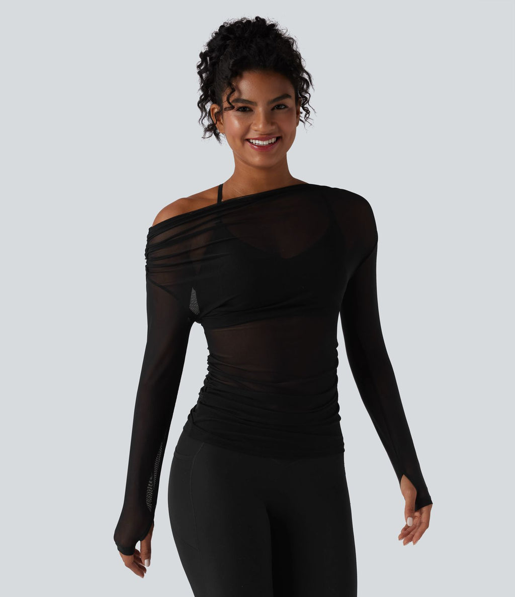 Haut de yoga asymétrique manches longues mesh avec ouverture pouce