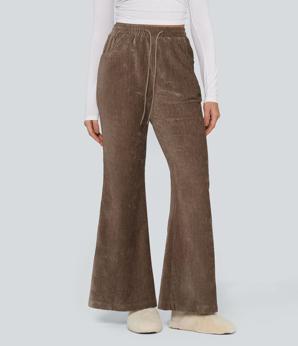 Pantalon de détente évasé en velours taille haute avec cordon de serrage et poches