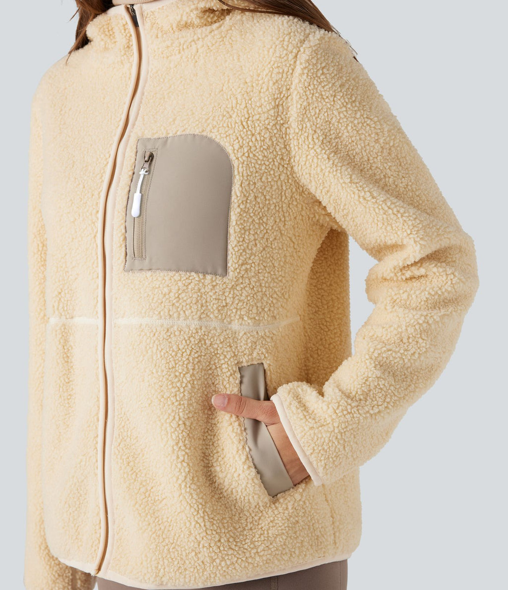 Veste sherpa randonnée à capuche manches longues avec poches