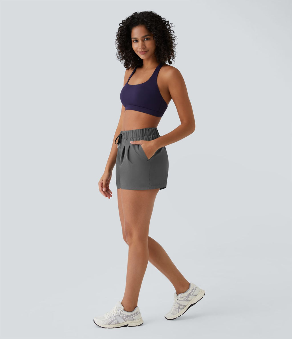 Short 7,5cm Casual à Taille Moyenne avec Ceinture Élastique Cordon de Serrage et Poches Latérales Ruchées